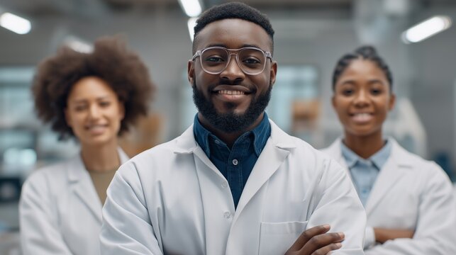 Three scientists pose with confidence in a bright and modern laboratory. They wear lab coats and smile, showcasing teamwork and dedication to research