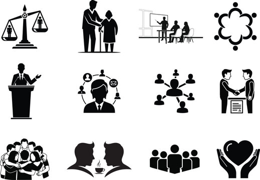 Collection of business and social icons representing teamwork justice and community