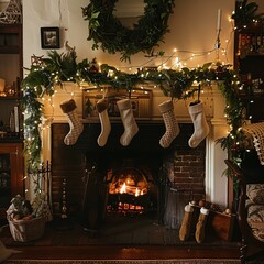 a fireplace decorated with stockings, garlands, and fairy lights, cozy christmas home vibe
