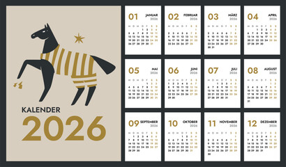 2026 full monthly vertical A4 calendar template with Horse on cover. German months names