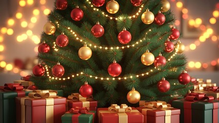 Christmas tree decorated with gifts candles and ornaments for holiday celebration