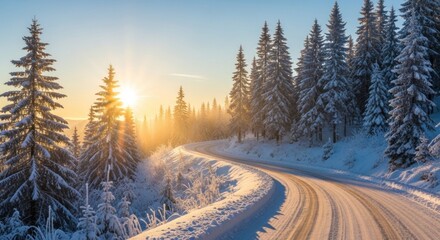 Obraz premium A winding road through a snowy forest with a bright sun shining through the trees.