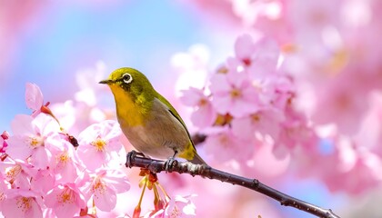 Bird perched on a branch surrounded by pink cherry blossoms