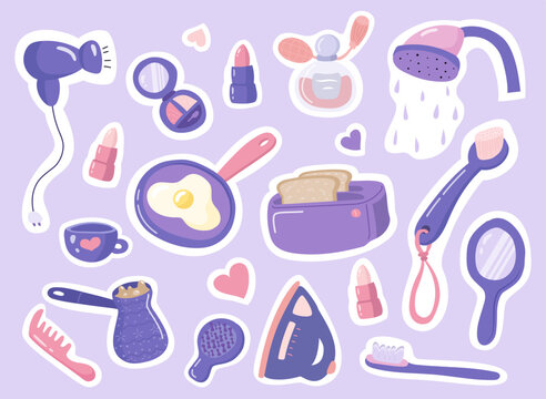 Morning routine elements sticker set - cosmetics, electrical appliances, combs, 
brushes, food and drink. Design elements for organizer, diary, journal decor, scrapbooking. Flat vector illustration.