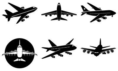 Dynamic collection of modern airplane silhouettes, perfect for aviation themes, travel designs, and transportation concepts, showcasing sleek aircraft in various perspectives.