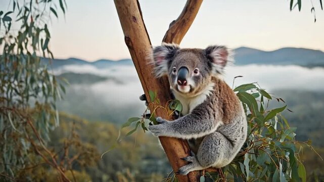 A koala clinging to a tree branch with mountains and fog in the background at daytime outdoors koala video