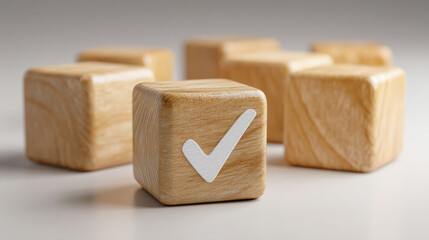Wooden blocks with check mark on one block indicating completion or approval