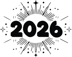 Fototapeta premium 2026 typography decorated with retro sun rays, dots, and star outlines, minimalist black line art on white background, nostalgic vector composition
