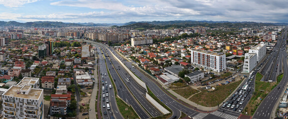 Panoramic aerial view of Tirana, Albania, showing the intersection of Dritan Hoxha Road and the...