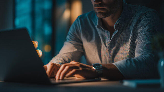 Man in white shirt typing on laptop with watch on wrist in dim lighting setting