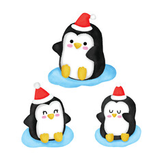 Adorable penguins with Christmas tree and gifts in cute kawaii cartoon style, perfect for holiday designs