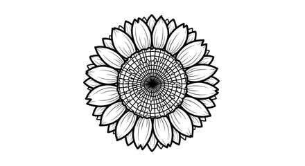 Detailed Black and White Illustration of Sunflower with Intricate Petals