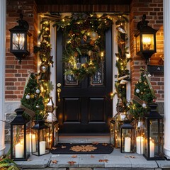a front door decorated with christmas wreath and lanterns, cozy festive atmosphere