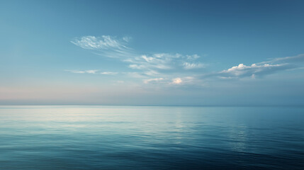 Fototapeta premium Minimal seascape with calm water and blue sky, soft pastel tones, natural gradient, and empty horizon line.