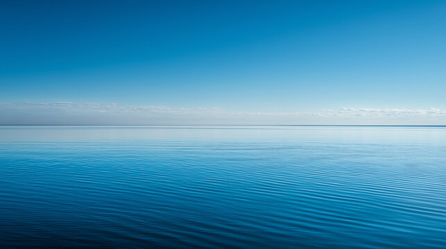 Minimal seascape with calm water and blue sky, soft pastel tones, natural gradient, and empty horizon line.