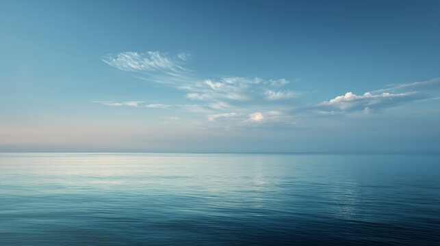Minimal seascape with calm water and blue sky, soft pastel tones, natural gradient, and empty horizon line.