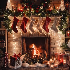 a fireplace decorated with stockings, garlands, and fairy lights, cozy christmas home vibe