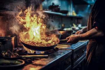 Chef cooking spicy wok stir fry with fire