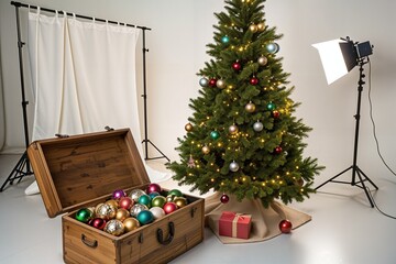 Christmas tree decorated with shiny baubles and a wooden chest on a studio background