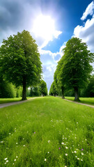 Obraz premium Sunny summer day with blue sky over trees, green grass, and a path in the beautiful park landscape