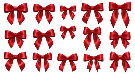 Collection of red satin bows isolated on transparent background, festive decoration