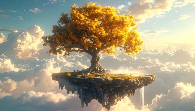 A majestic tree with golden foliage sits atop a floating island amidst fluffy clouds, bathed in sunlight. A waterfall cascades below