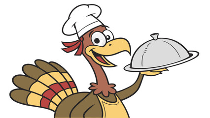 Cartoon Chef Turkey Serving Platter Vector Silhouette, A cheerful cartoon turkey wearing a chef's hat and apron, proudly presenting a covered food platter