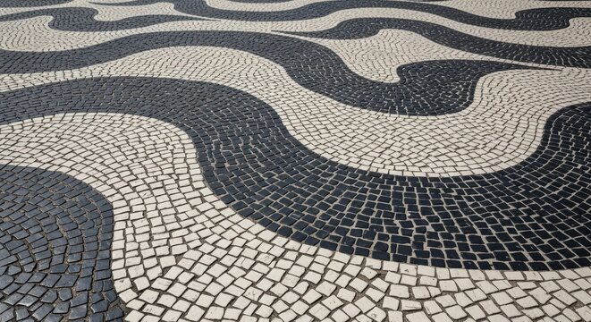 Wave pattern mosaic pavement in black and white cobblestones