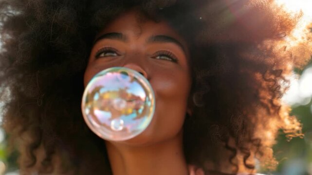 Video A happy woman blowing a bubble and smiling, great for use in s or as a symbol of joy and happiness
