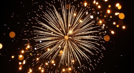 A vibrant fireworks display against a dark sky, with a large, central burst of golden sparks and smaller, scattered lights.