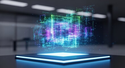 A vibrant, glowing holographic data projection displaying complex digital information on a futuristic platform in a dark, modern interior.