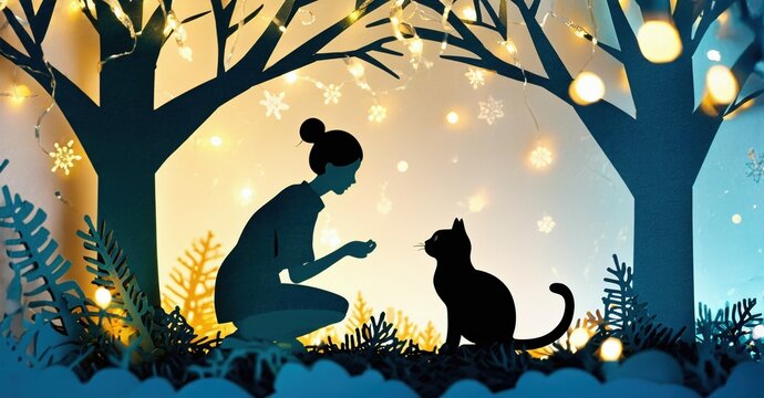 Woman crouches offering hand to black cat. Forest backdrop features lights, snowflakes, winter foliage. Peaceful scene evokes calm feelings. - Powered by Adobe