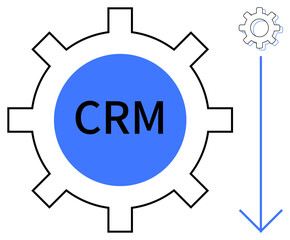 Central gear labeled CRM emphasizes streamlined processes, with smaller gear and arrow denoting efficiency. Ideal for automation, customer relationship, strategy, management, workflow, integration