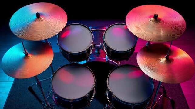This vibrant drum kit captivates the scene with sparkling cymbals and sleek drums, illuminated by colorful stage lights during an exciting musical event