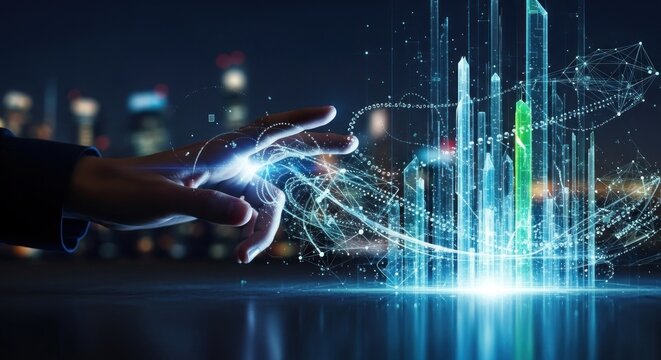 A hand interacting with a digital cityscape at night.