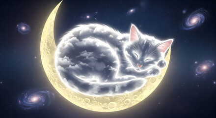 Cat made of clouds sleeping on a crescent moon in space