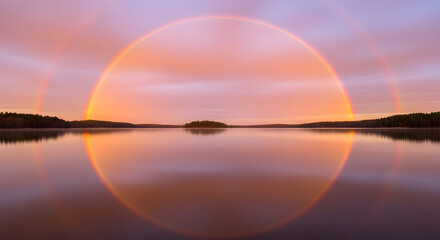 Circular rainbow halo over calm lake at sunset circle