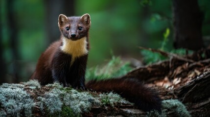 In the early morning light, a Croatian kuna pine marten stands alert on a mossy log, blending seamlessly with its forest surroundings while searching for a meal