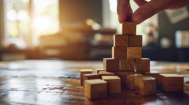 Building success one piece at a time, a hand carefully places the final wooden block to complete a strategic structure.