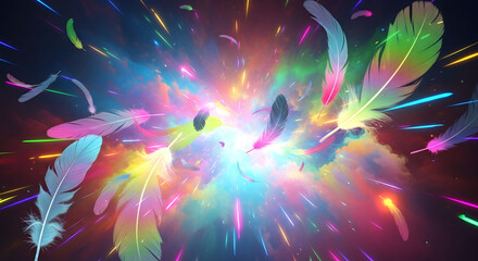 Colorful Feathers Exploding With Light Streaks explosion