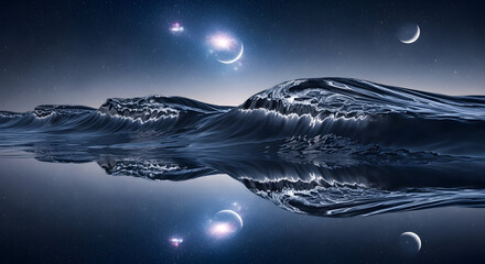 Cosmic Ocean Waves Under a Starry Sky with Multiple Moons