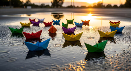 Colorful paper boats float in puddles at sunset origami