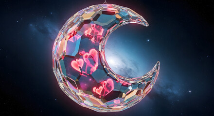 Crystal crescent moon with glowing hearts and starry background