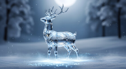 Crystal deer in snowy forest with glowing lights glass