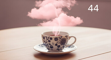 Cup of tea with pink smoke clouds and number 44 saucer