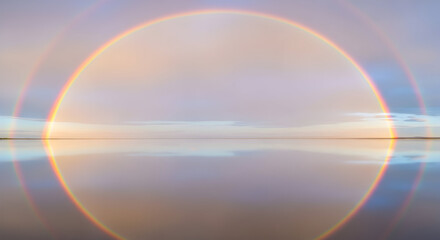 Double rainbow reflected on a calm body of water at sunset