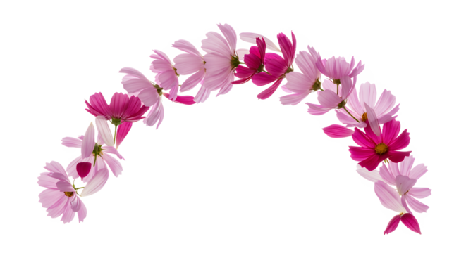 Pink and magenta cosmos flower garland curving gracefully against a pristine white background, a delicate floral decoration