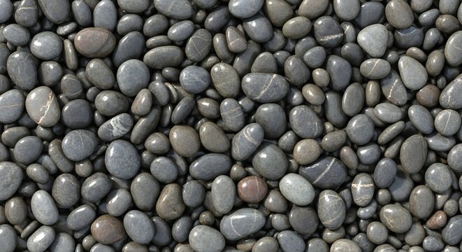 A dense collection of smooth grey and brown pebbles varying in size and shape filling the frame