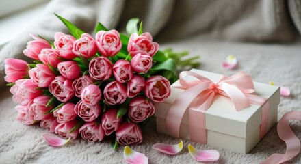 A bouquet of pink tulips with a white gift box on a textured surface.