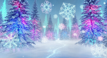 Colorful winter forest with glowing snowflakes in a misty landscape  